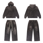 Cross Embroidery Washed Black Sun-Faded Zip Tracksuit Set